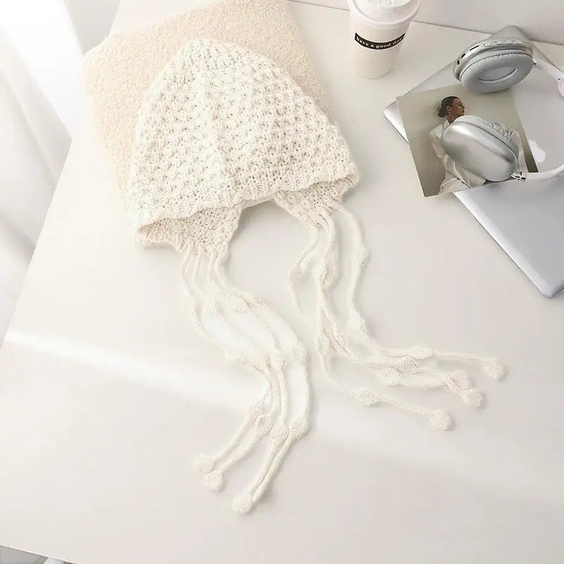 Christmas Winter Wool Tassel Knitted Ear Protection Hat For Women Winter Warm Crochet Earmuffs Caps Girl Pullover Beanie Bonnet