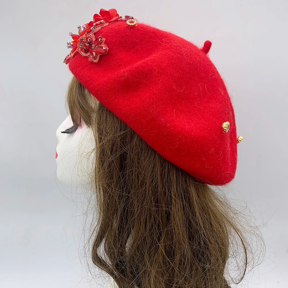 Winter Unique Designer Berets for Women Luxury Rhinestone Bouquet Turban Cap Exaggerated Painter Hat Female Winter Headpiece