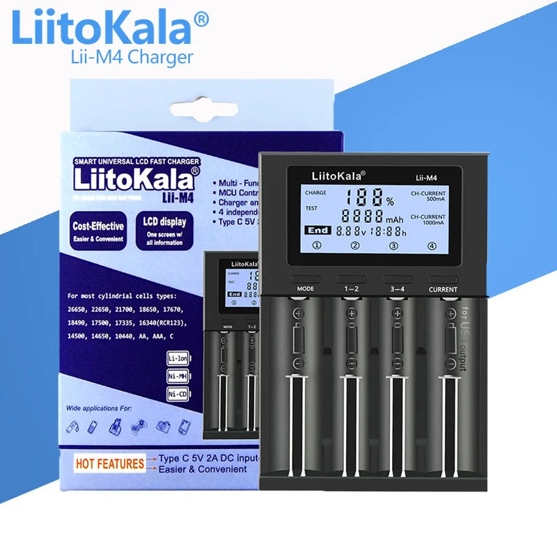 LiitoKala Lii-D4XL Lii-M4 Lii-M4S Lii-402 Lii-202 Lii-S2 3.7V/18650 18350 26650 14500 16340 NiMH Lithium Battery Smart Charger