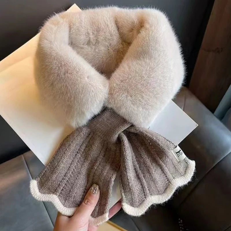 Winter Warm Cross Collar Women Scarf; Plush Thick Imitation Rabbit Fur; Windproof Neck Warmer for Outdoor Cycling