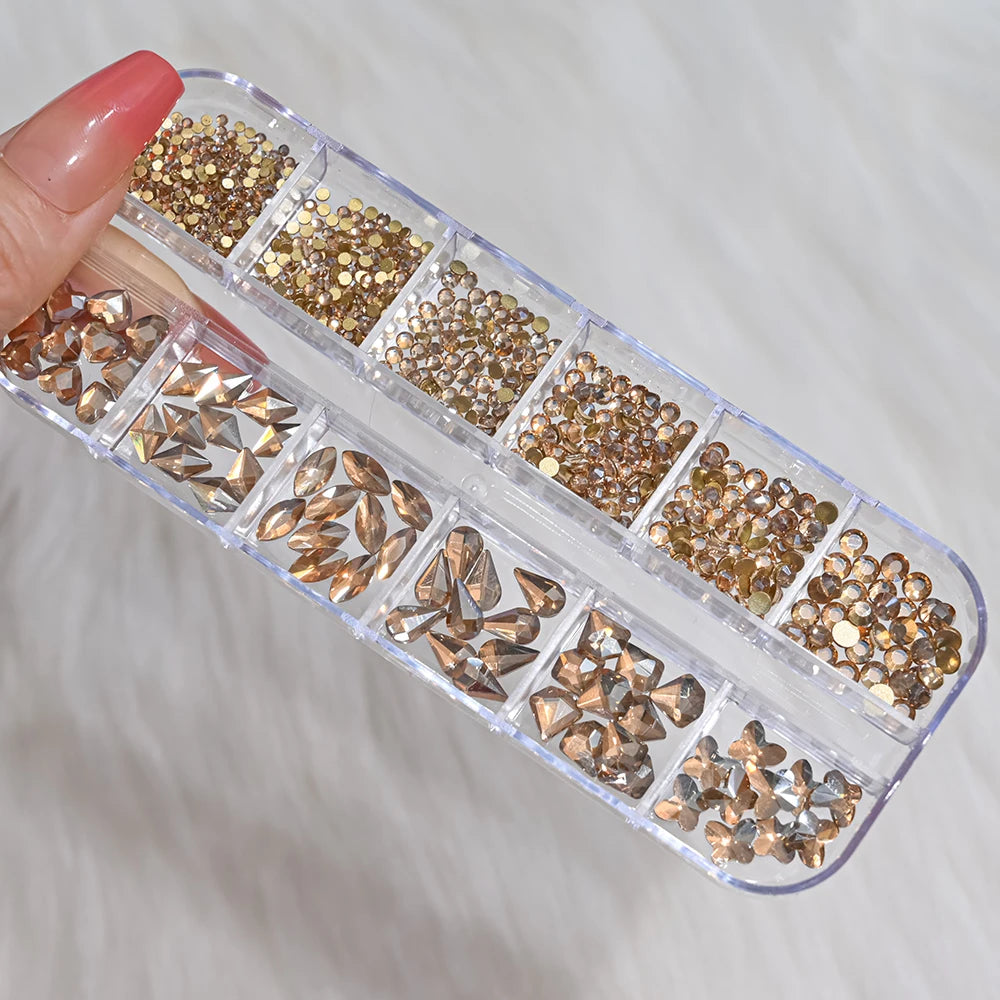 12Grids 3D Gold/Champagne Nail Art Rhinestones Mixed-Shapes Flat-Back Glass Diamonds Nails Charms Luxury DIY Manicure Decoration