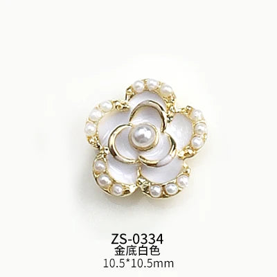10PCS Glossy White Black Dimaonds Pearls Gold Edge Camellia Rose Flowers Metal Nail Art Rhinestones Jewelry Manicure Decorations