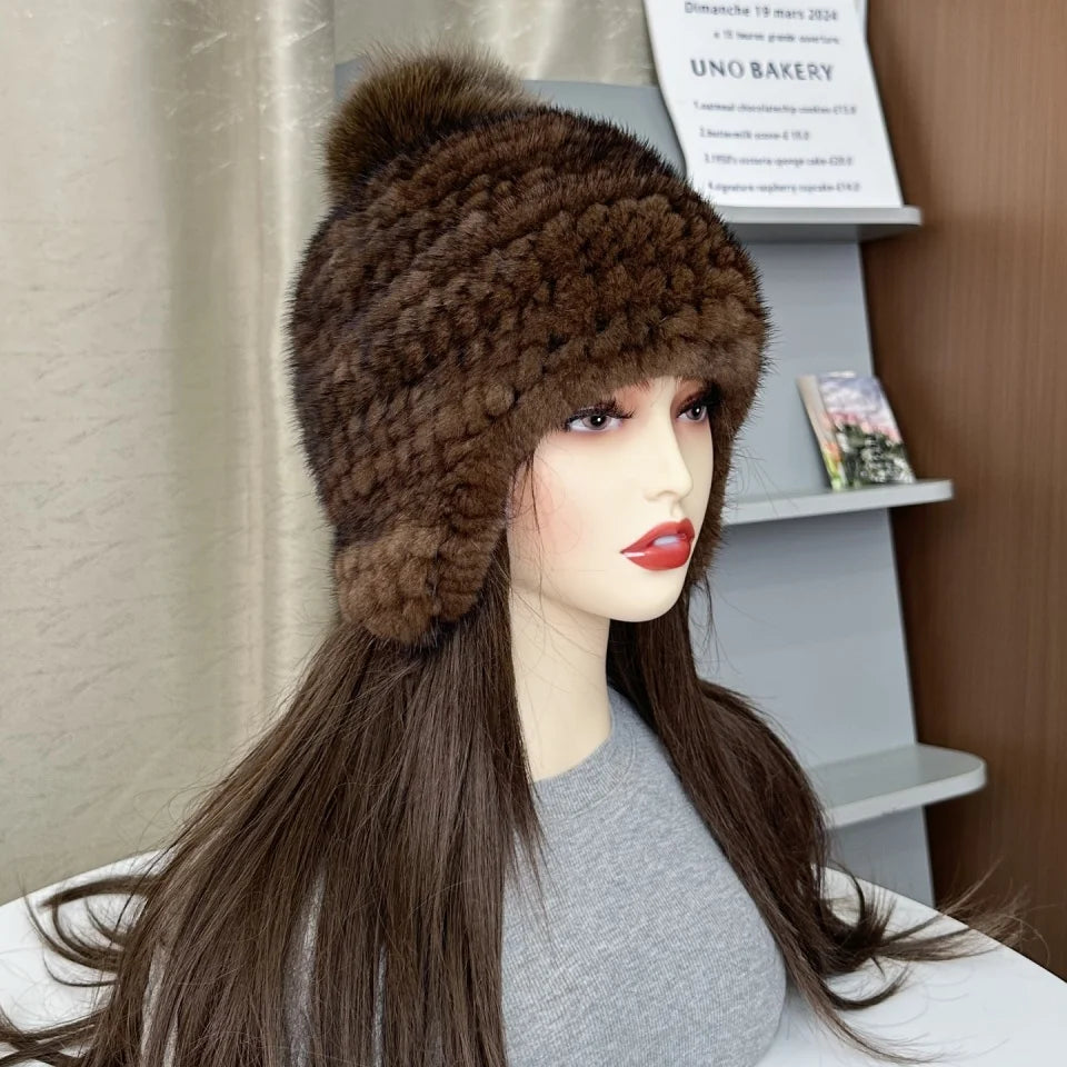 New Winter Ladies Real Mink Fur Hat Warm Thickened Ear Protection Knitted Cap Ladies Winter Fashion Accessories