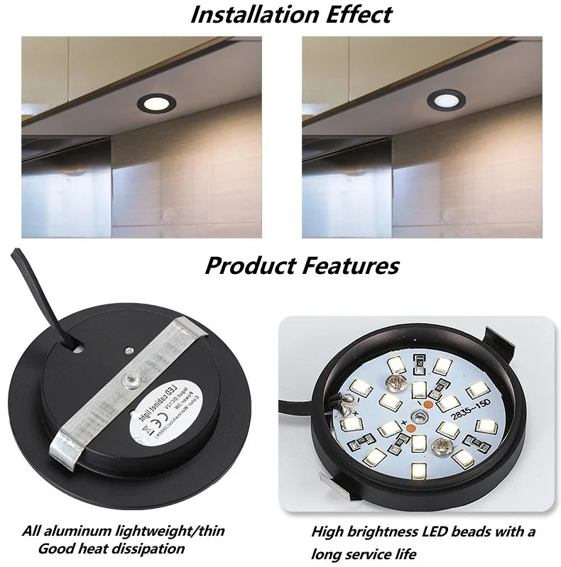 Φ68mm 12V DC Touch Dimming Cabinet Lights,3Colors Dimmer LED Down Lamp, Embedded Installation with Shrapnel for Camper,Yacht,RV