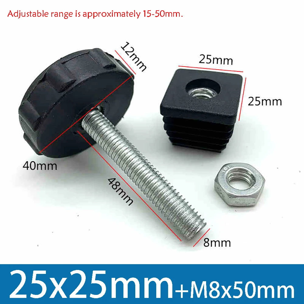 1-10Pcs Table Leg Plug With Nut and Adjustable Feet M8/M0x50/100mm Black Square/Round Furniture Rack Height Adjustable Foot Cup
