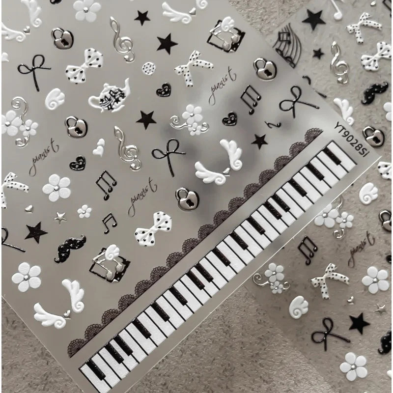Black White Piano Note Nail Stickers Retro Music Style Sweet And cool Nail Stickers 3D Self-adhesive Nail Art Decorative Decals