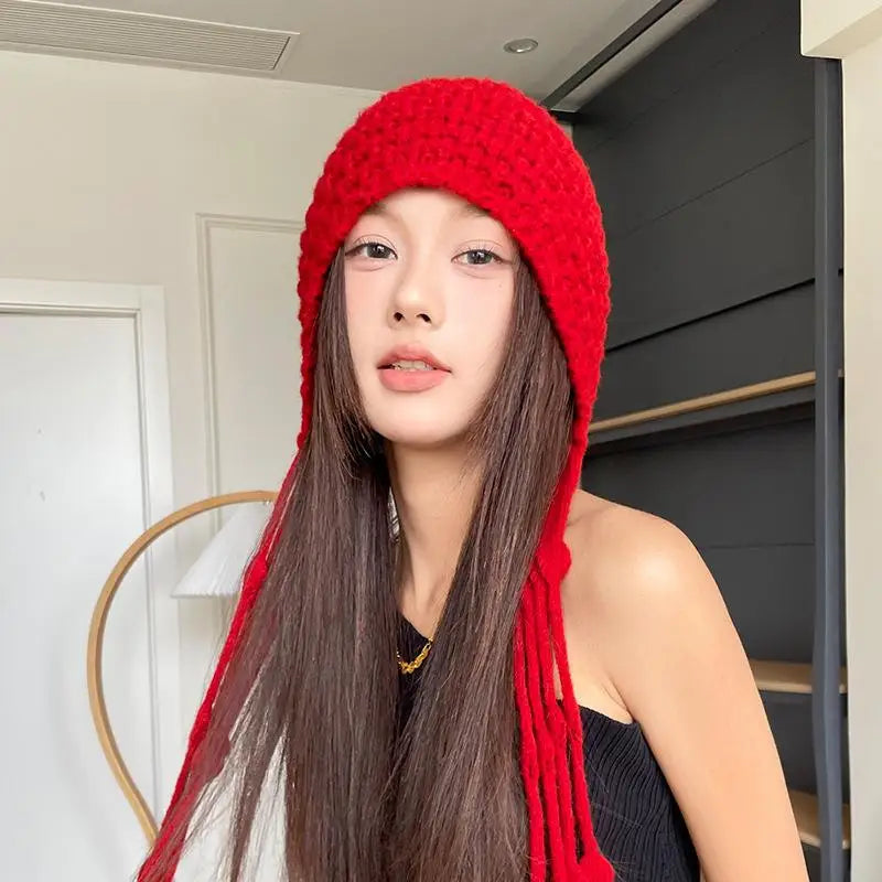 Christmas Winter Wool Tassel Knitted Ear Protection Hat For Women Winter Warm Crochet Earmuffs Caps Girl Pullover Beanie Bonnet