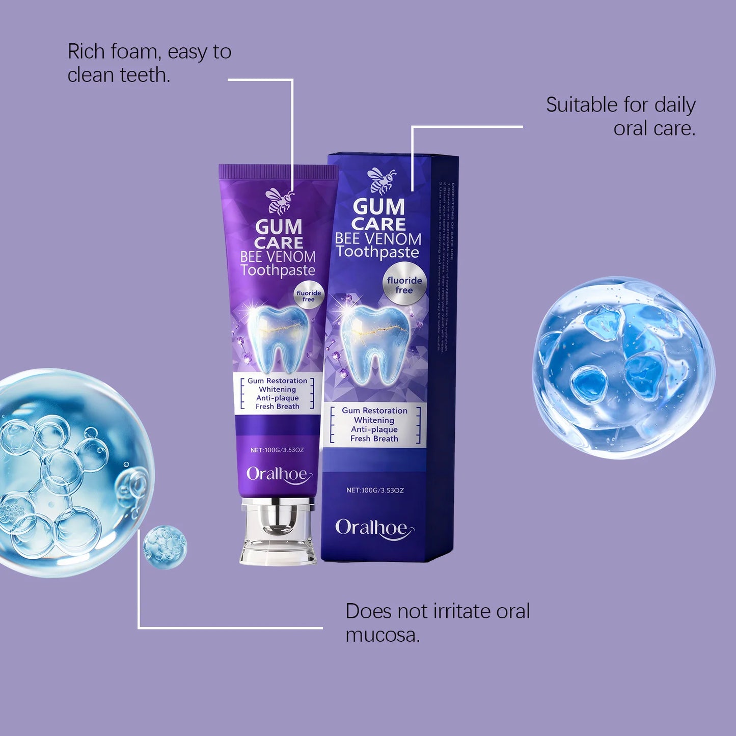 Oralhoe Bee Venom Toothpaste Gum Care Remove Teeth Stains Gum Restoration Dental Plaque Remover for Teeth Whitening Toothpaste