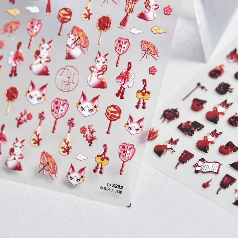 Elegant Chinese Charm Shiny Nine-tailed Fox Mask Red Equinox Flowers Tragedy Love Soft Reliefs Nail Art Stickers Manicure Decals