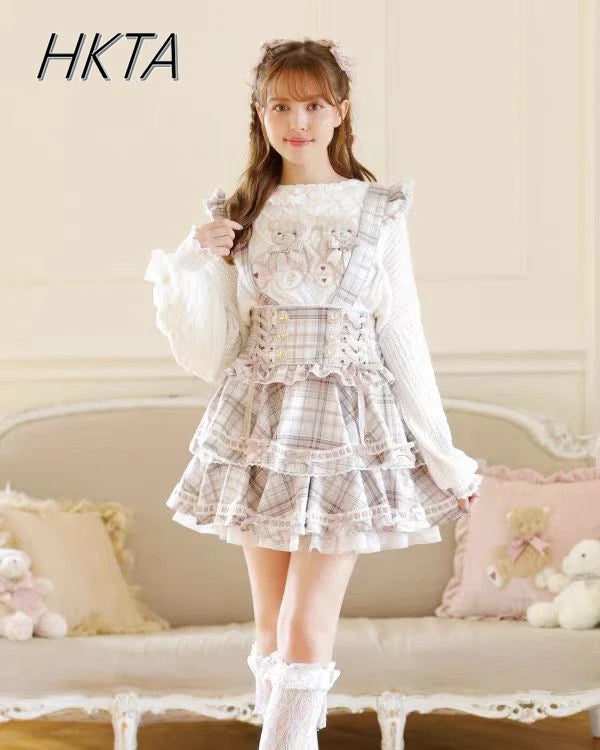 Original Japanese Mines Lolita Strap Skirts Women High Waist and Thin Frilly Pleated Skirt College Style Liz Girl Plaid Skirt