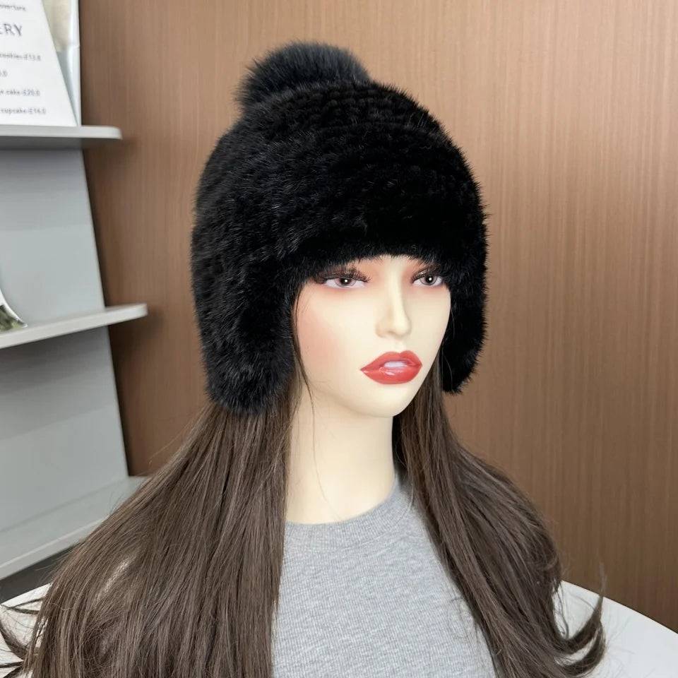 New Winter Ladies Real Mink Fur Hat Warm Thickened Ear Protection Knitted Cap Ladies Winter Fashion Accessories