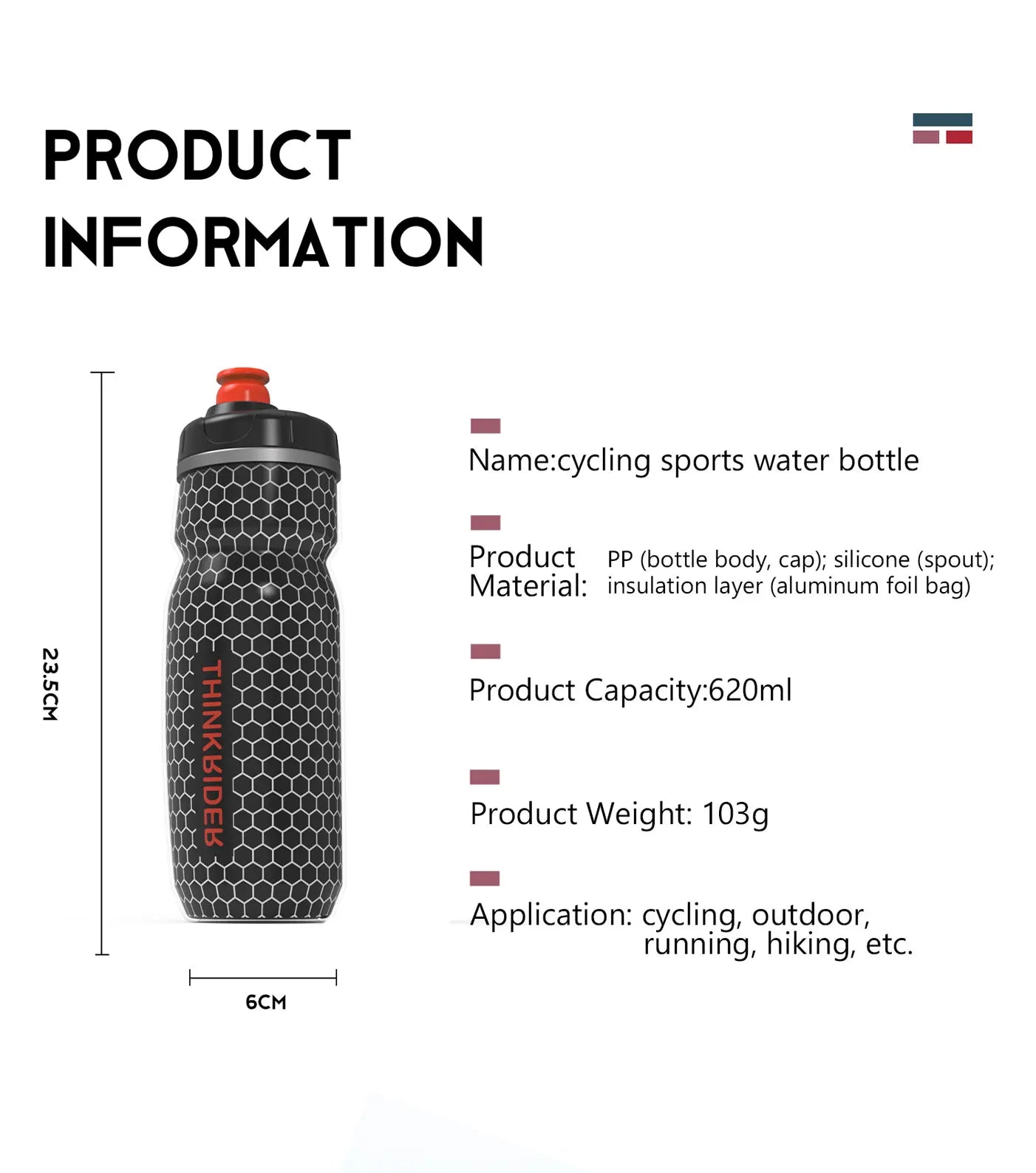 ThinkRider Bike Water Bottle 620ml/21oz Mountain Cycling Water Bottle PP5 Heat-And Ice-protected Bottle Outdoor Sports Cup