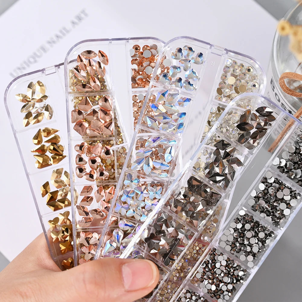 12Grids 3D Gold/Champagne Nail Art Rhinestones Mixed-Shapes Flat-Back Glass Diamonds Nails Charms Luxury DIY Manicure Decoration