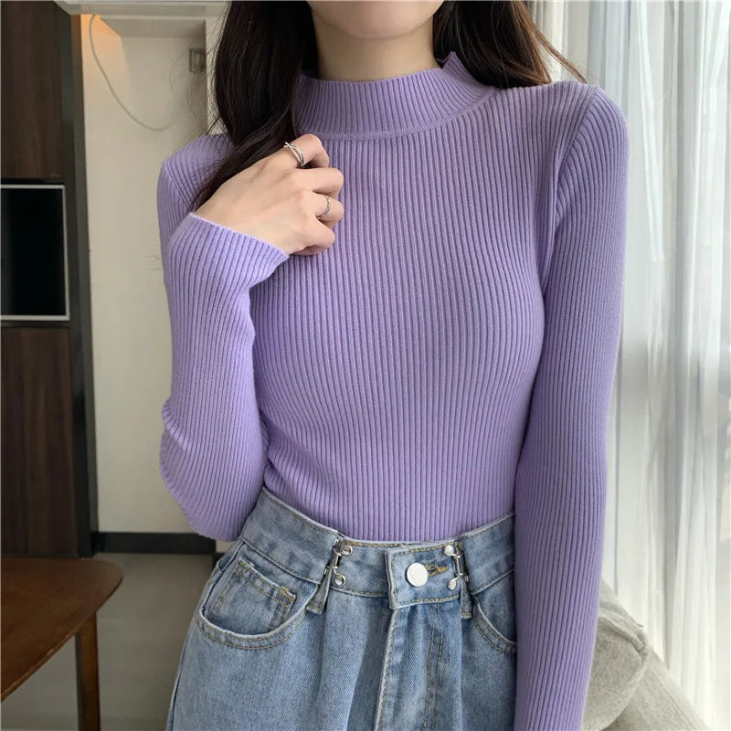 zjaiss 2026 Autumn Basic Bottoming Sweater Top Women Ribbed Soft Mock Neck Elastic Pullover Warm Solid Color Slim Jumper