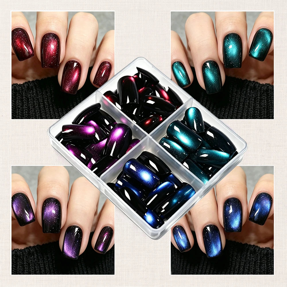 96pcs/box Short Square Cat Eye Press On Nails 4colors Glossy Glitter Cat Eye French Fake Nails Full Cover Acrylic Fake Nails Y2K