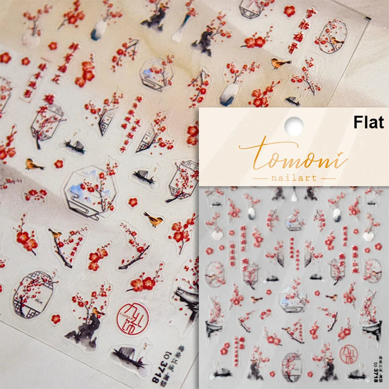 Elegant Chinese Charm Shiny Nine-tailed Fox Mask Red Equinox Flowers Tragedy Love Soft Reliefs Nail Art Stickers Manicure Decals