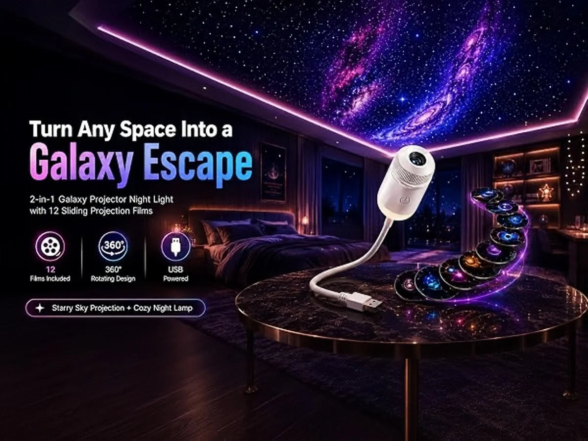 Galaxy Star Projector, 2-in-1 Portable Lamp with 12 Slides, 360° Adjustable Eye-Care LED Night Light for Bedroom Car Decor Gift