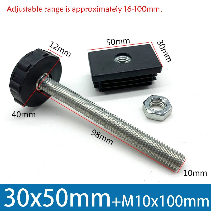 1-10Pcs Table Leg Plug With Nut and Adjustable Feet M8/M0x50/100mm Black Square/Round Furniture Rack Height Adjustable Foot Cup