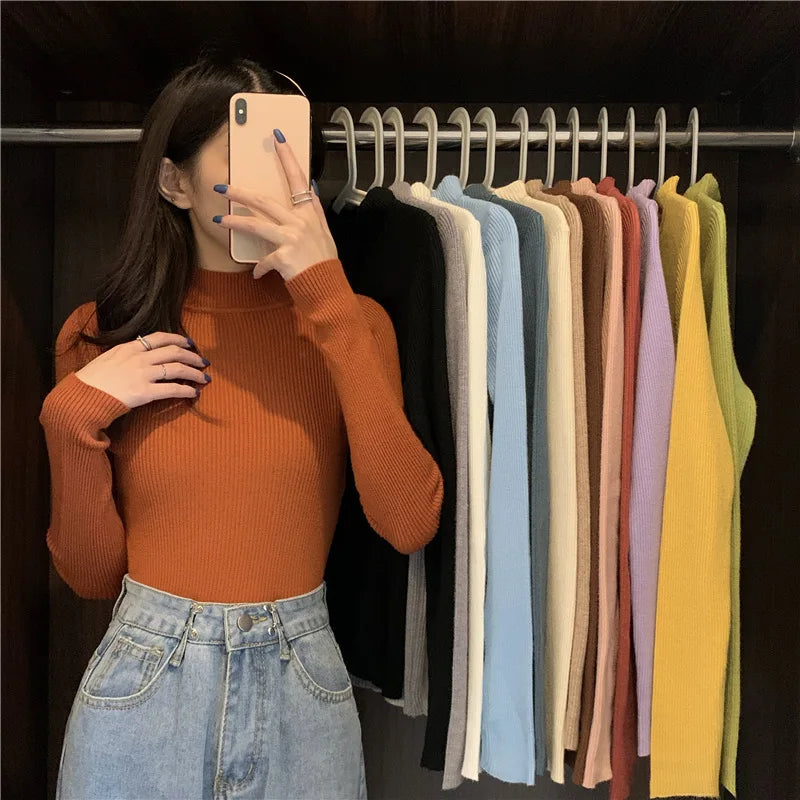 zjaiss 2026 Autumn Basic Bottoming Sweater Top Women Ribbed Soft Mock Neck Elastic Pullover Warm Solid Color Slim Jumper