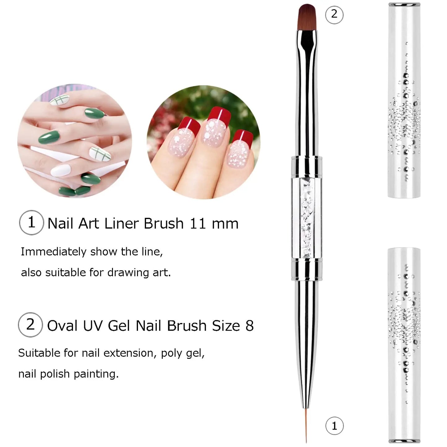 1/2/3Pcs Double Ended Nail Art Brush Set Oval Gel Liner Poly Gel with Steel Pusher Rhinestone Handle French Manicure UV Gel