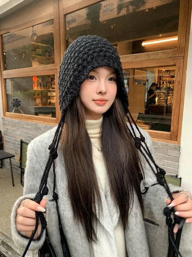 Christmas Winter Wool Tassel Knitted Ear Protection Hat For Women Winter Warm Crochet Earmuffs Caps Girl Pullover Beanie Bonnet