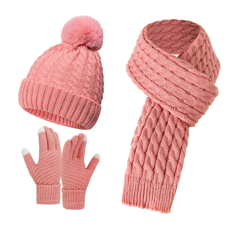 Women Winter 3Pcs Set Pom Pom Beanie Hat Scarf Touch Screen Gloves Sequin Knitted Warm Outdoor Accessories Christmas Gifts
