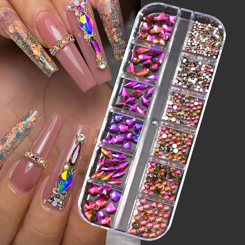 12Grids 3D Gold/Champagne Nail Art Rhinestones Mixed-Shapes Flat-Back Glass Diamonds Nails Charms Luxury DIY Manicure Decoration
