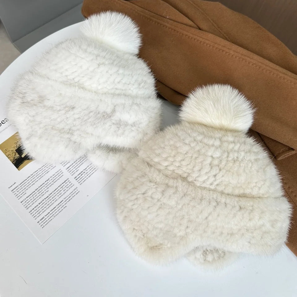 New Winter Ladies Real Mink Fur Hat Warm Thickened Ear Protection Knitted Cap Ladies Winter Fashion Accessories