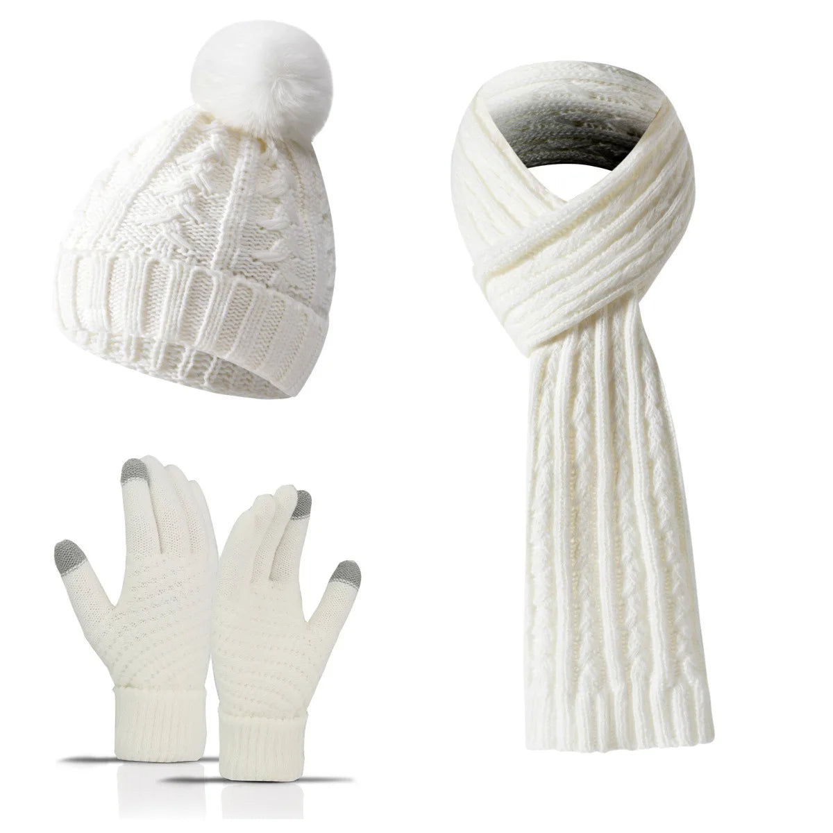Women Winter 3Pcs Set Pom Pom Beanie Hat Scarf Touch Screen Gloves Sequin Knitted Warm Outdoor Accessories Christmas Gifts