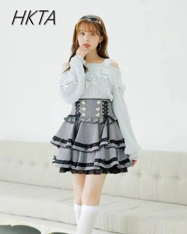 Original Japanese Mines Lolita Strap Skirts Women High Waist and Thin Frilly Pleated Skirt College Style Liz Girl Plaid Skirt
