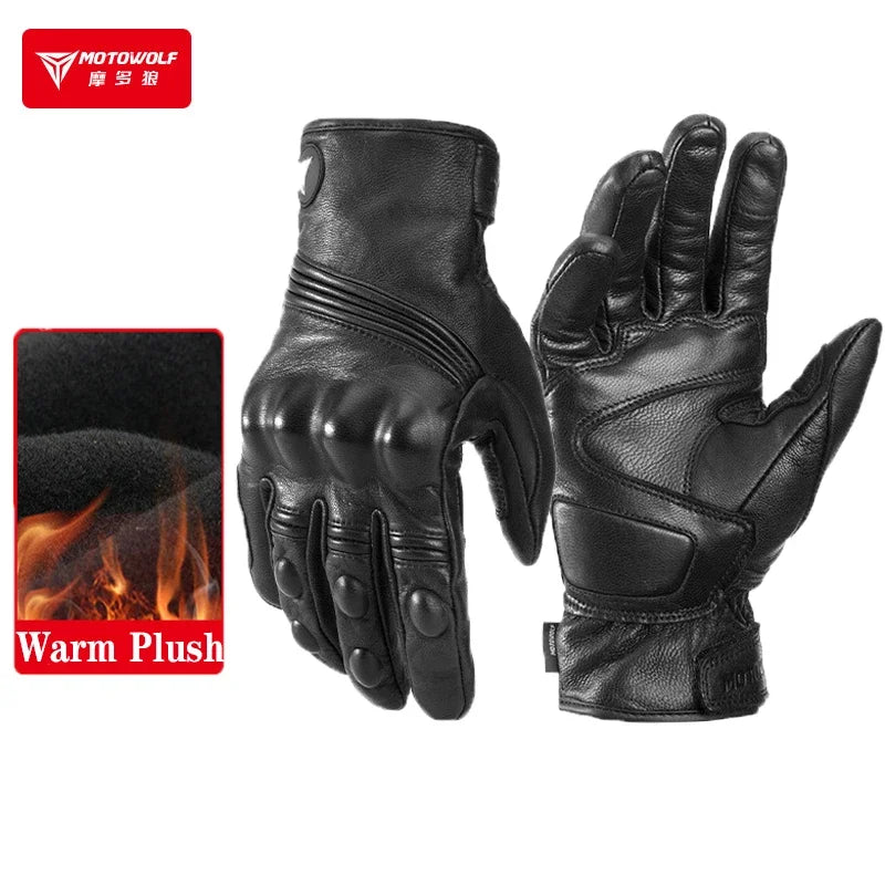 Motowolf Winter Motorcycle Bike Warmer Gloves Windproof Thermal Touch Screen for Men Women Genuine Leather Riding Accessories