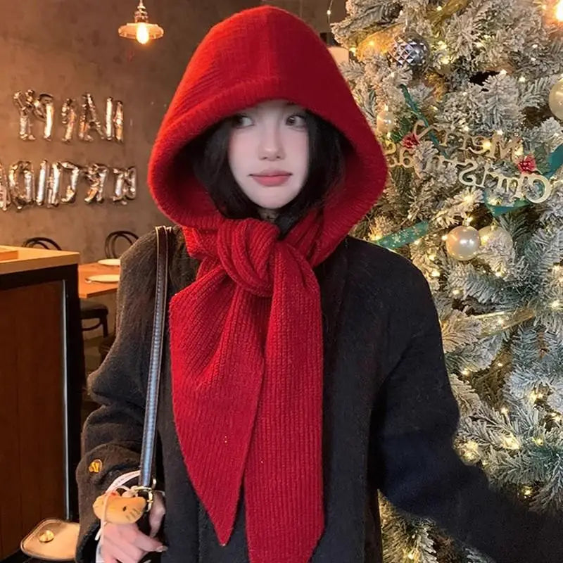 Winter Hats for Women Knitted Polyester Hooded Scarf Hat for Women Balaclava Knit Skull Cap Beanie Hat