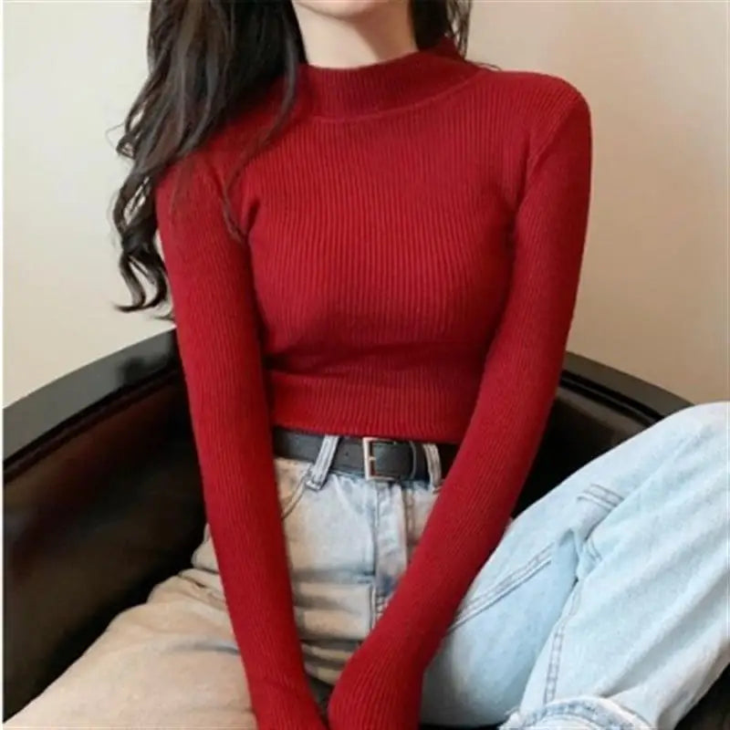 zjaiss 2026 Autumn Basic Bottoming Sweater Top Women Ribbed Soft Mock Neck Elastic Pullover Warm Solid Color Slim Jumper