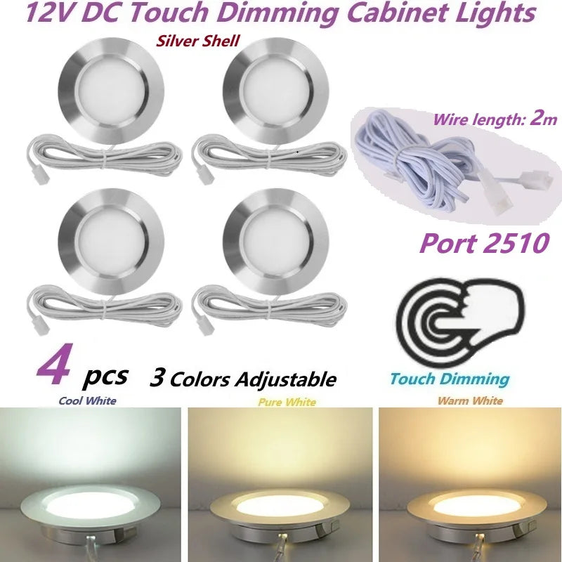 Φ68mm 12V DC Touch Dimming Cabinet Lights,3Colors Dimmer LED Down Lamp, Embedded Installation with Shrapnel for Camper,Yacht,RV