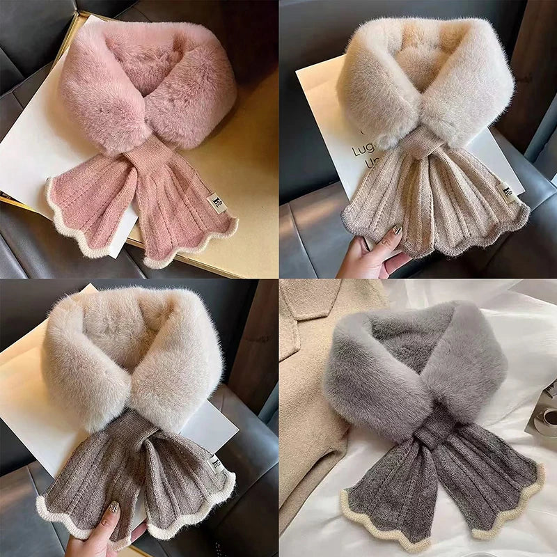 Winter Warm Cross Collar Women Scarf; Plush Thick Imitation Rabbit Fur; Windproof Neck Warmer for Outdoor Cycling