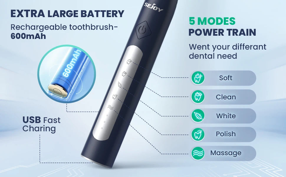 Sejoy Electric Sonic Toothbrush 5 Model with 10 pcs Replacement Heads Rechargeable Waterproof Electronic Tooth Brushes