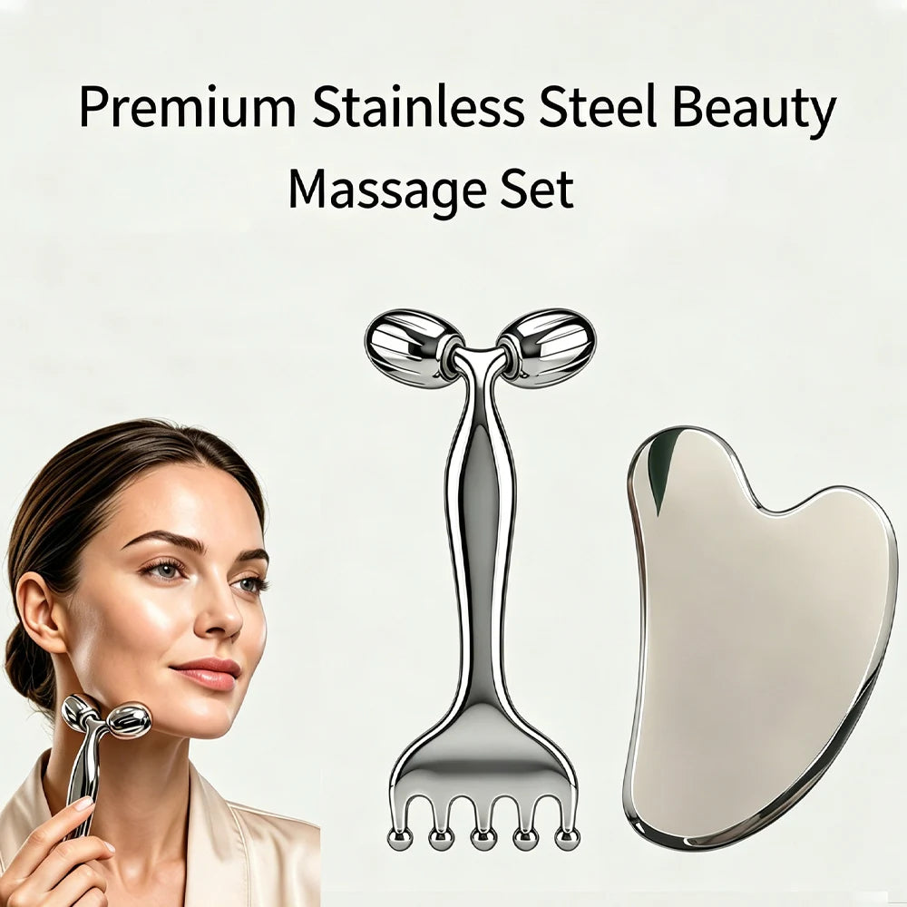 Stainless Steel Face Roller & Gua Sha, Facial Massager with Scalp Comb, Skin Lifting & Puffiness Reducing Massage Tools for Face