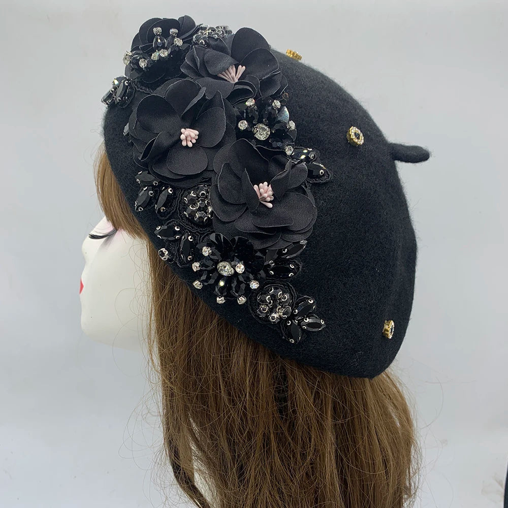 Winter Unique Designer Berets for Women Luxury Rhinestone Bouquet Turban Cap Exaggerated Painter Hat Female Winter Headpiece