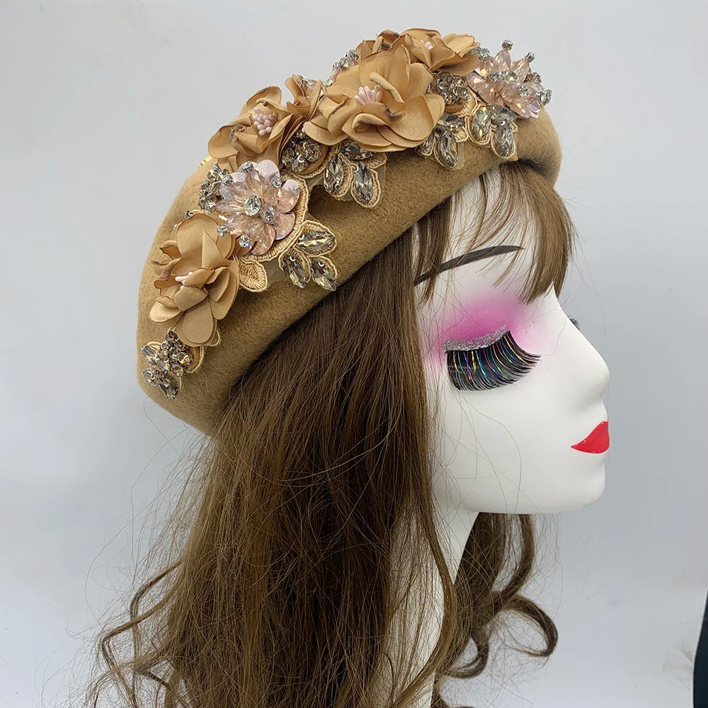Winter Unique Designer Berets for Women Luxury Rhinestone Bouquet Turban Cap Exaggerated Painter Hat Female Winter Headpiece