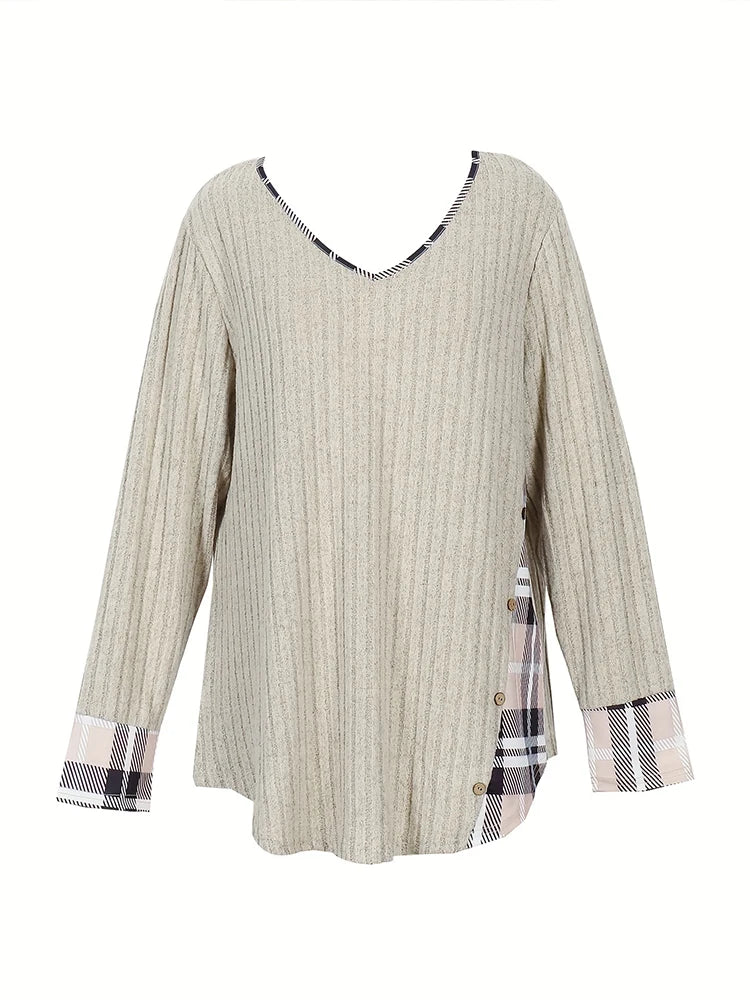 Clearance Plus Size Women's Sweater Winter Large Size Color Block V-Neck Pullover Warm Big Size Female Clothing Strip Splice Top