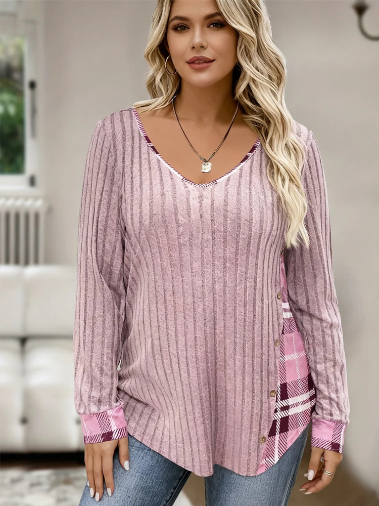 Clearance Plus Size Women's Sweater Winter Large Size Color Block V-Neck Pullover Warm Big Size Female Clothing Strip Splice Top