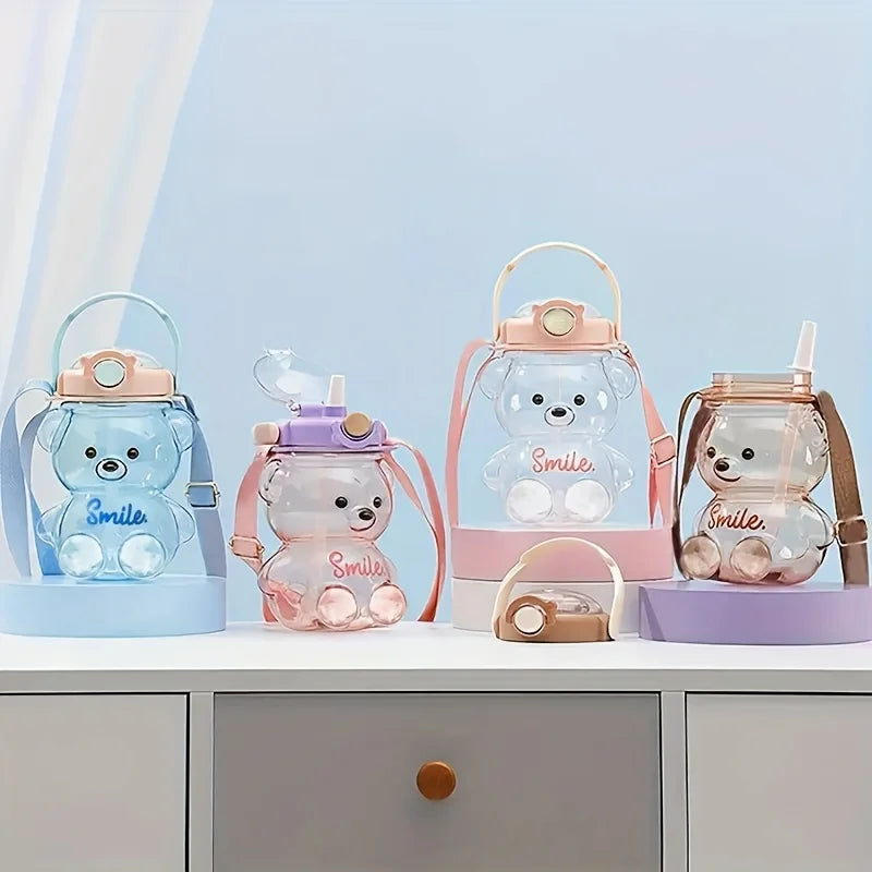 1000ml Large Capacity Cute Bear Water Bottle 2 in 1 Straw Cup for Girls Children  BPA Free Leakproof for School Sports Gift