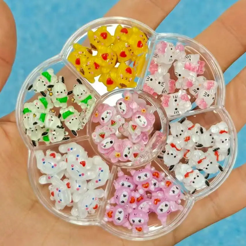 120PCS Boxed Mixed Sanrio Nail Charms Kuromi Cinnamoroll My Melody Resin Nail Decor DIY Manicure Nail Art Accessories