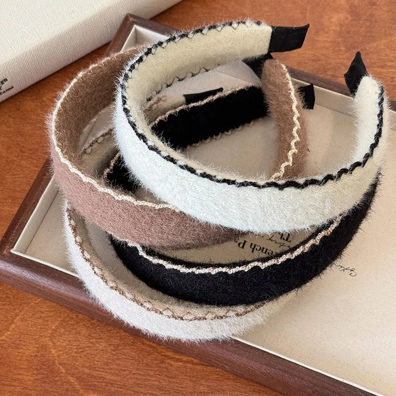 Autumn Winter Plush Ribbon Headbands Black White Cashmere Knit Hairband Women's Elegant Hair Accessories Warm Headwrap Non-slip