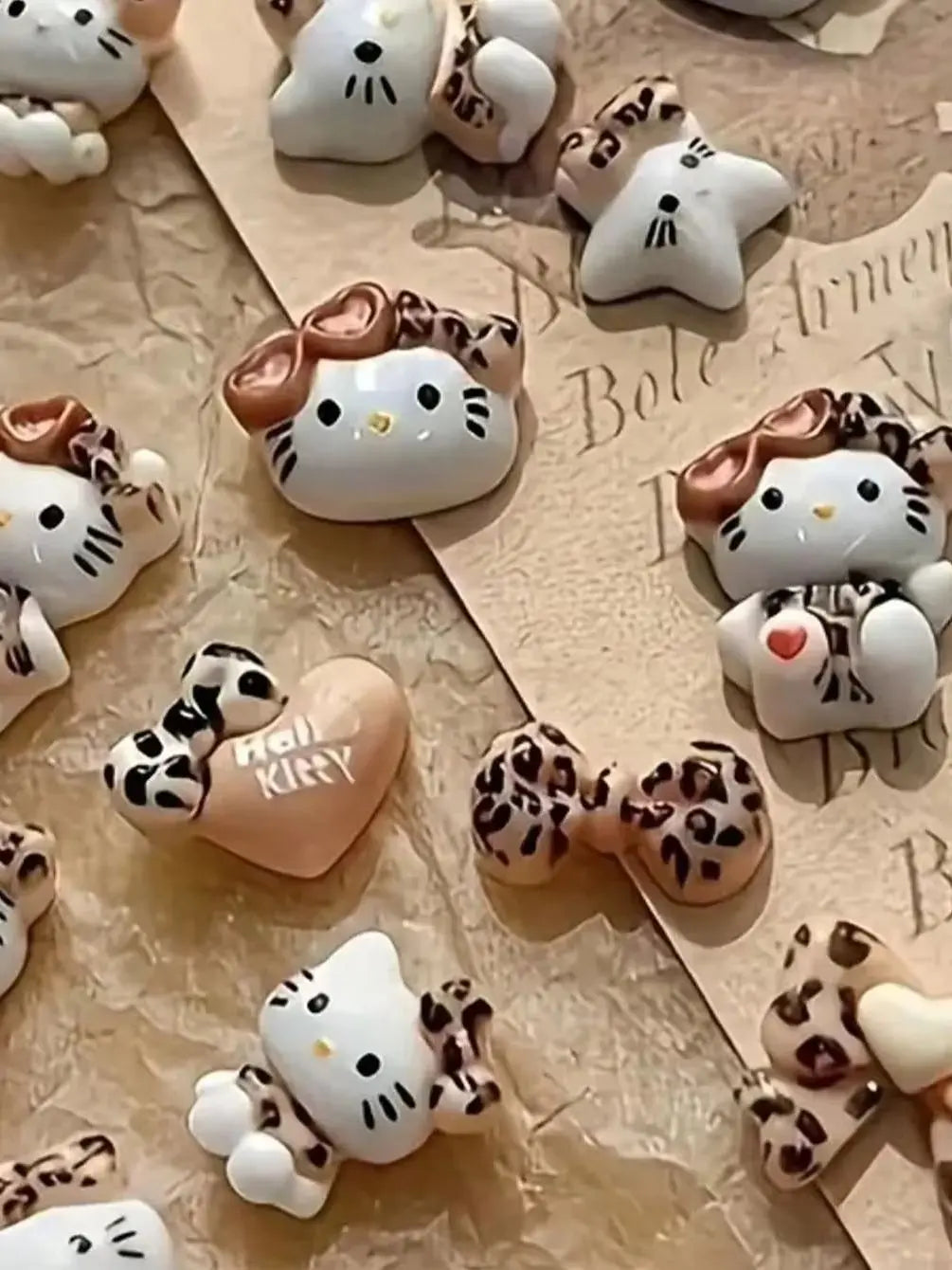 50Pcs Leopard Print Hello Kitty Nail Charms 3D Resin Cartoon Kitty Nail Parts DIY Manicure Decor Accessories