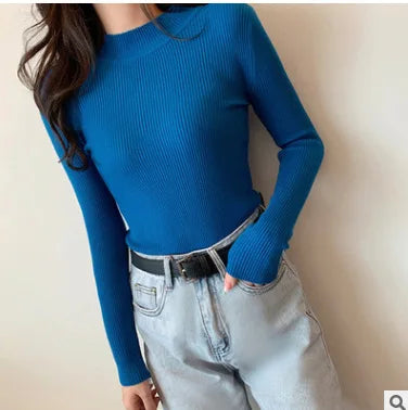 zjaiss 2026 Autumn Basic Bottoming Sweater Top Women Ribbed Soft Mock Neck Elastic Pullover Warm Solid Color Slim Jumper