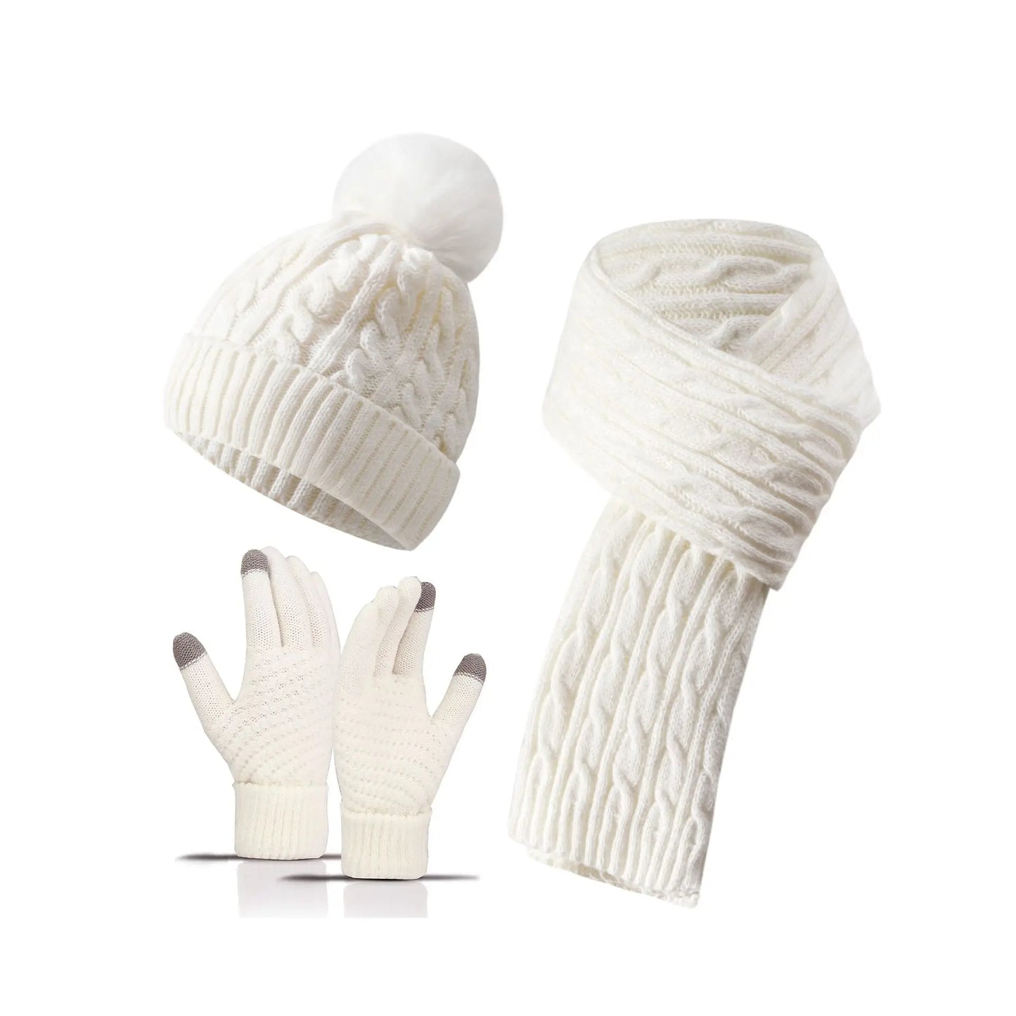 Women Winter 3Pcs Set Pom Pom Beanie Hat Scarf Touch Screen Gloves Sequin Knitted Warm Outdoor Accessories Christmas Gifts