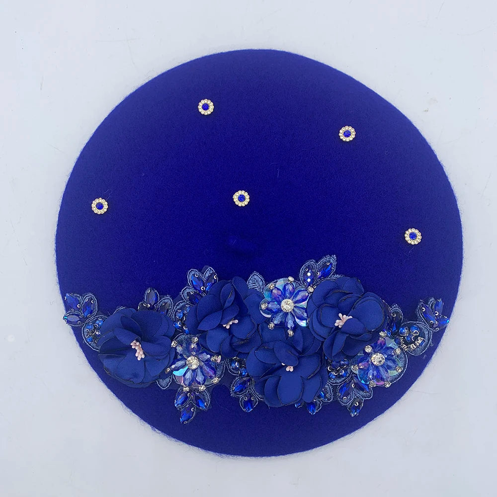 Winter Unique Designer Berets for Women Luxury Rhinestone Bouquet Turban Cap Exaggerated Painter Hat Female Winter Headpiece