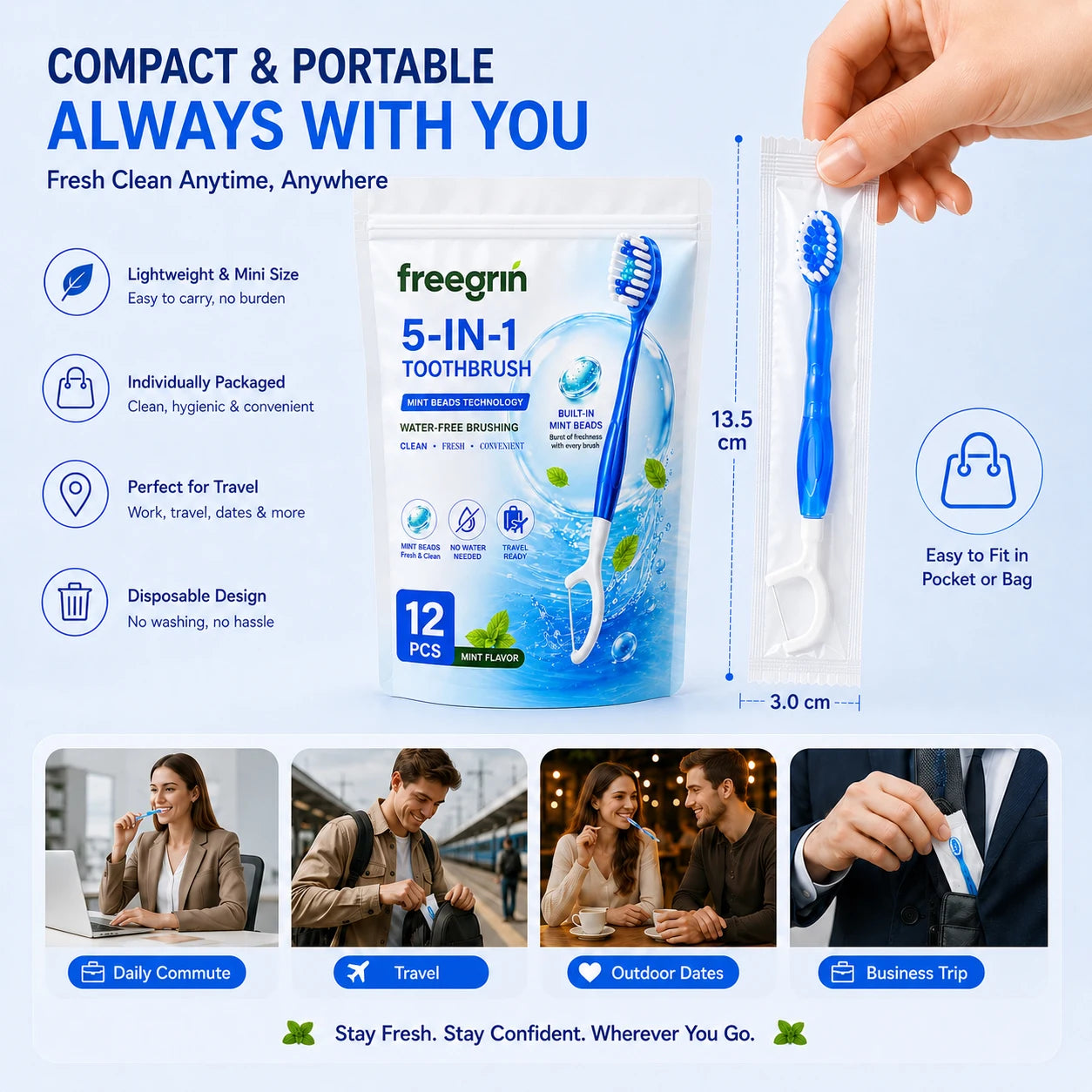 5-in-1 Disposable Travel Toothbrush 12Pcs Mint,Individually Wrapped Soft Brush with Toothpaste Floss Pick Tongue Scraper