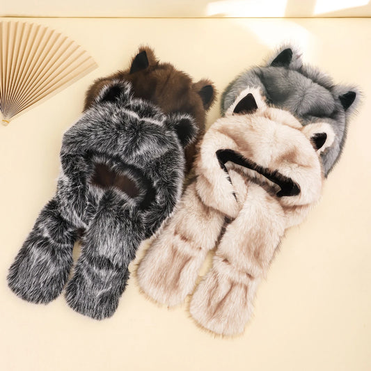 Winter Faux Fox Fur Scarf Hat Gloves Set, Outdoor Warm Dual Color Plush Earflap Beanie, Unisex Cold Weather Accessories